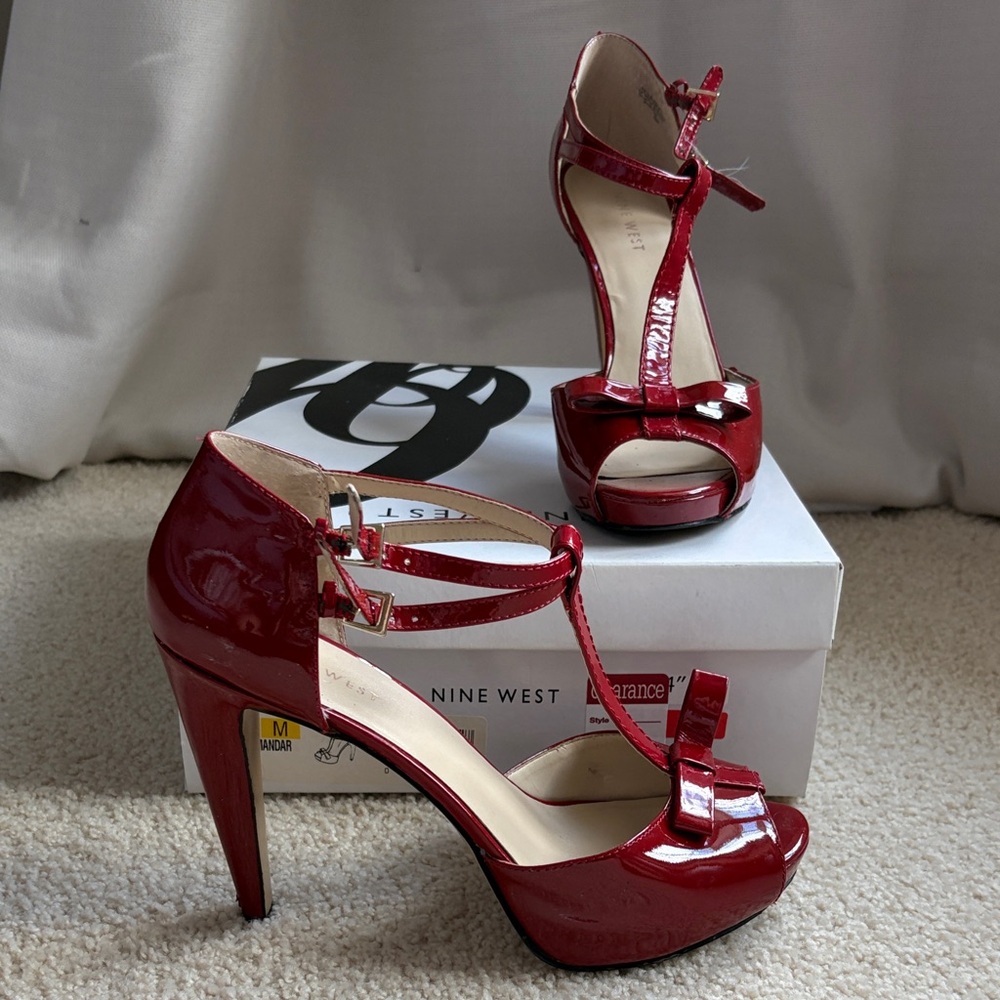 Nine West Red Patent Leather T-Strap Platform Heels with Bow